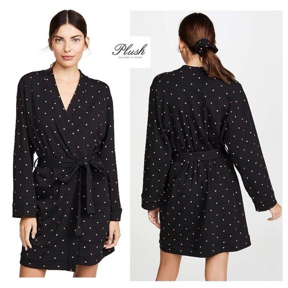 REVOLVE x PLUSH Cozy Heart Soft Fleece-Lined Robe + Scrunchie Set, Black M NWT - Picture 1 of 10